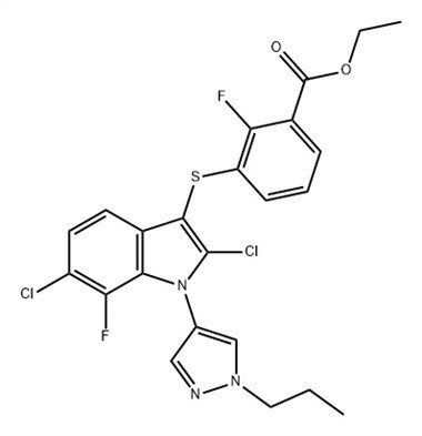 Benzenkarboksirūgštis, 3-[[2,6-dichloro-7-fluor-1-(1-propil-1H-pirazol-4-ilas )-1H-indol-3-il]tio]-2-fluor-, etilo esteris (ACI) CAS Nr.: 1782070-79-4